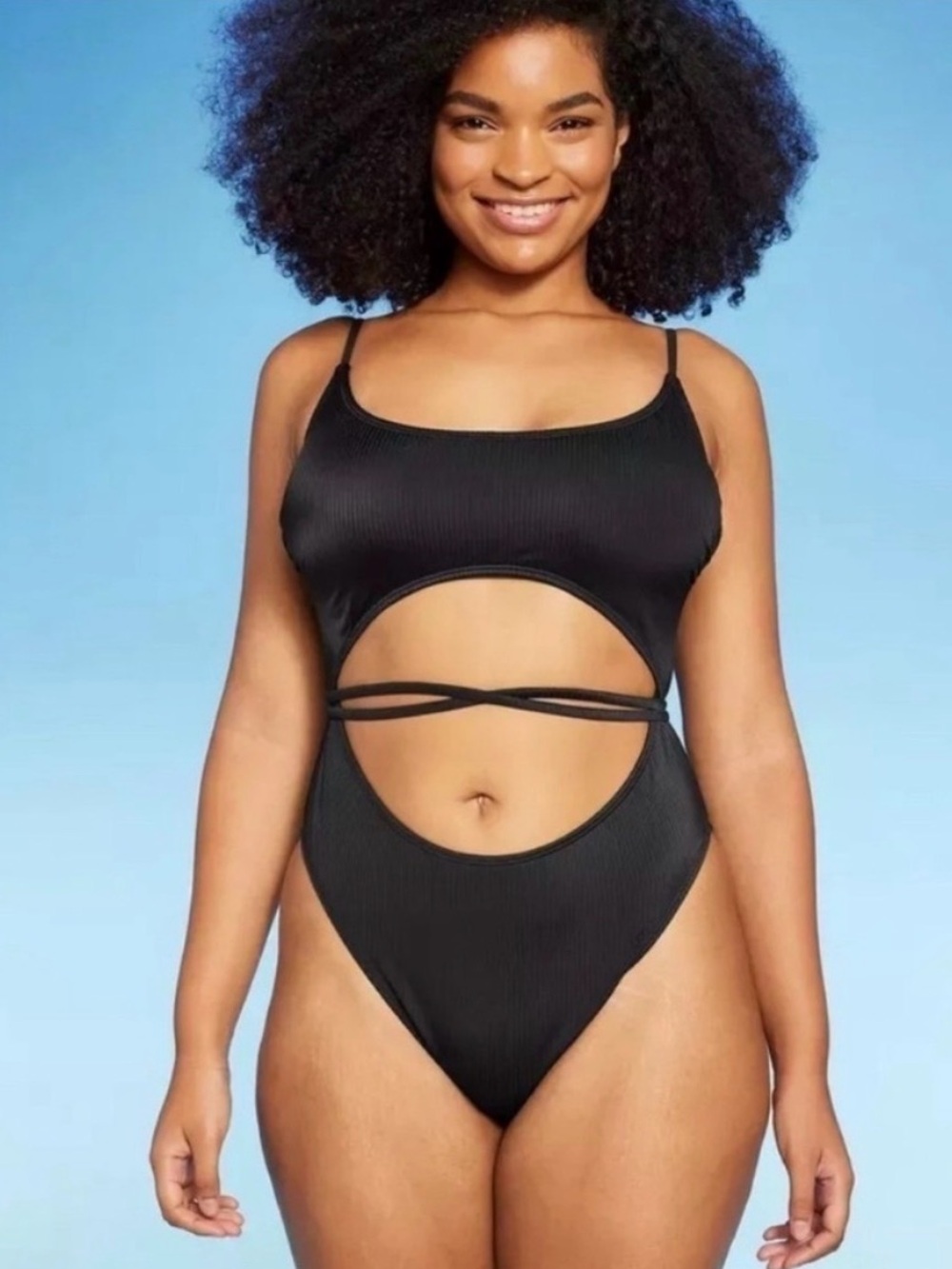 NWT Women’s Wild Fable Black Cutout One-Piece Swimsuit with Strappy Waist Sz 18
